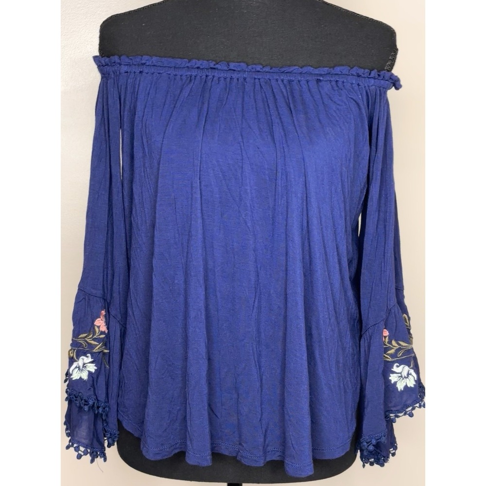 Xhilaration Women's Blue Floral Long Sleeve Off-Shoulder Blouse Shirt Size XS